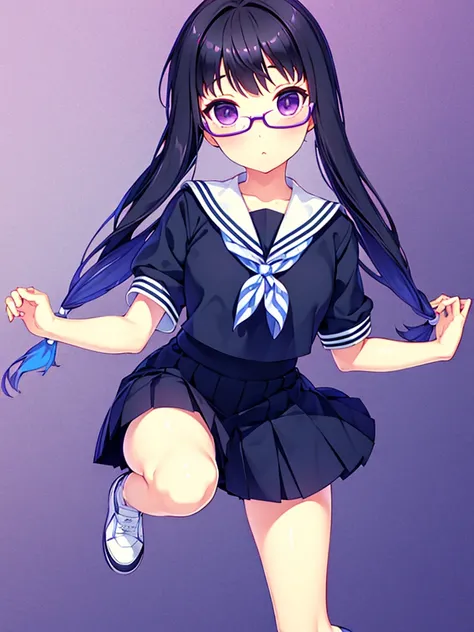 primary school girl　8 years　flat chest　black fur　wide　purple eyes　1 person　glasses　Short sleeve sailor suit　navy blue mini skirt　white panties　white socks　sneakers　They are standing　dynamic angle　low angle