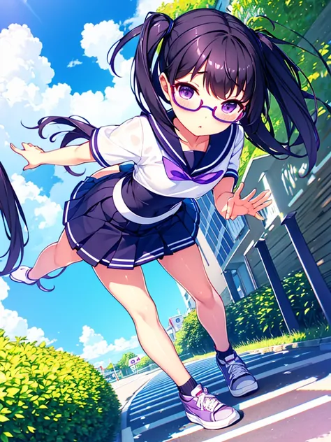 primary school girl　8 years　flat chest　black fur　wide　purple eyes　1 person　glasses　Short sleeve sailor suit　navy blue mini skirt　white panties　white socks　sneakers　They are standing　dynamic angle　low angle