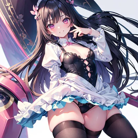 best quality, super fine, 16k, extremely detailed, delicate and dynamic, cute woman, baby face,black hair,  pink eyes, A detailed eye, seductive grin, source_anime, high detail, hair ornament,  small breasts, solo, 1girl,  thighs, light blue bra, light blu...