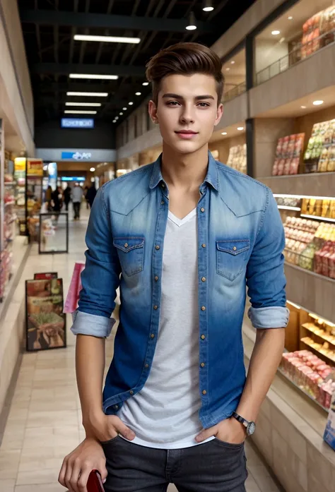 ombre brunette slim handsome young man taking selfie realistic, in a shopping center, high quality background