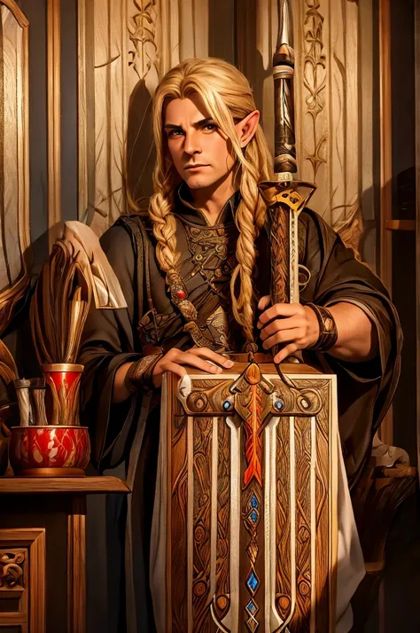 magical bracers, a large curved blade, hair braided, a sword on the wall behind him, a 40-year-old male elf is sitting behind a ...