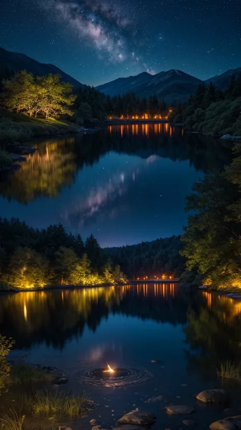 night，Lake，firefly，silence，best quality，8K，Shock，Meteor Showers，Meteor Showers，Meteor Showers，Meteor Showers。