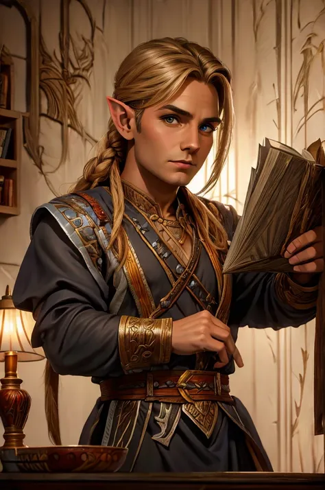 magical bracers, a large curved blade, hair braided, a sword on the wall behind him, a 40-year-old male elf is sitting behind a ...