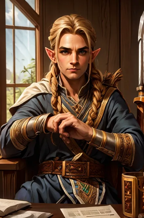 magical bracers, a large curved blade, hair braided, a sword on the wall behind him, a 40-year-old male elf is sitting behind a ...