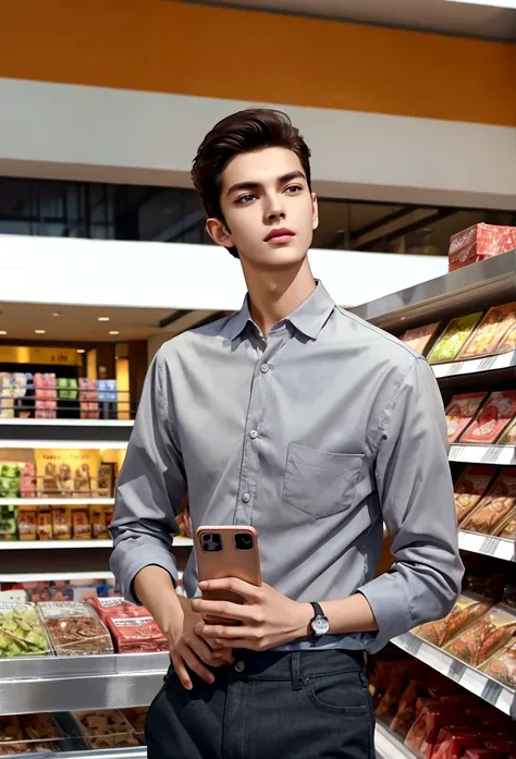 Young handsome slim brunette man taking realistic selfie, in a shopping center, high quality background