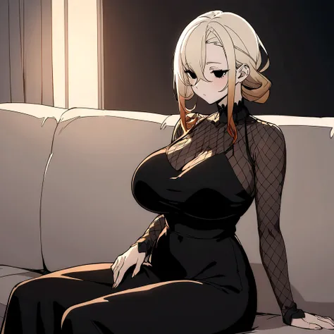 Masterpiece, High quality, High quality of art, best quality, best details, anime lineart, anime style, 1girl, solo, Milf, mommy, big hips, female proportions, big breast, Dark ash hair on a blonde hair base, fragrant hair, black hair, cold gaze, Sitting o...