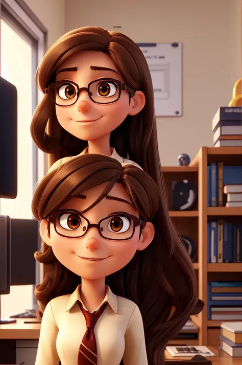 Create a woman, age 28, Front end developer working in the office, dark brown eyes, rectangular glasses, long straight hair, dark brown hair, hair with golden highlights , parted hair, a little thin, not Disney Pixar style