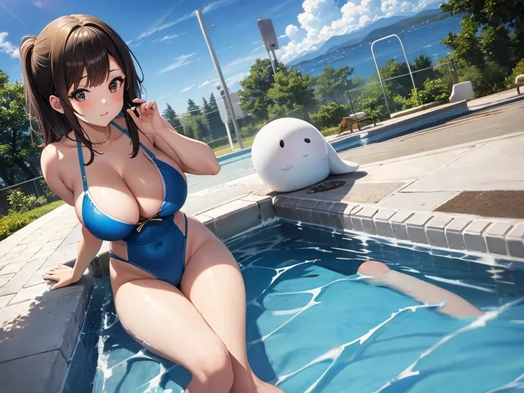 Ass、Large Breasts、girl、Blue swimsuit、Pool、High leg