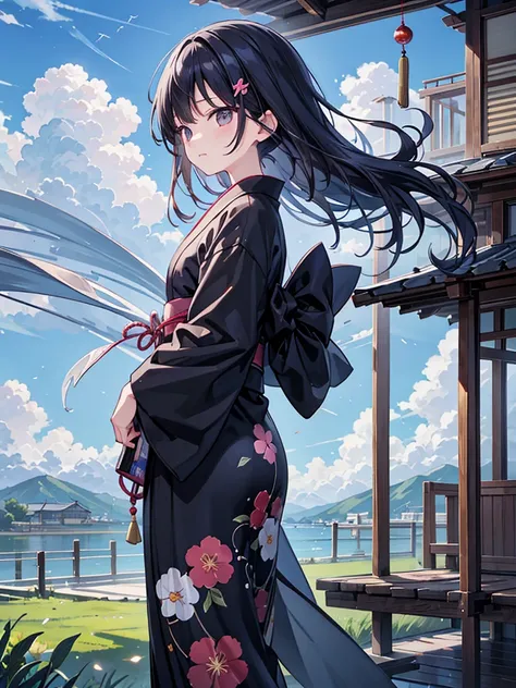 Anime illustration、masterpiece、Highest quality、Summer season after rain background、Long black hair、Wearing a yukata with a morning glory pattern、Wind chimes are hanging down and swaying in the wind