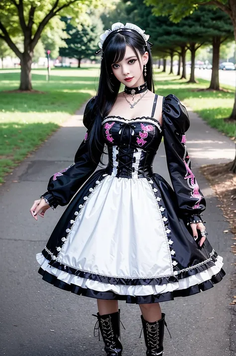 sexy stylish female model, only 1 female, ((doll-like appearance)), long dramatic stylish hair, ((shiny Punk-Style boots)), (smiling face), ultra detailed eyes, Punk makeup, lip-gloss, ((sexy Punk Lolita cosplay)), unconventional skirt, petticoats, high ne...