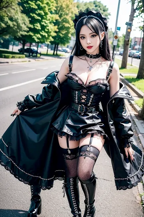 sexy stylish female model, only 1 female, ((doll-like appearance)), long dramatic stylish hair, ((shiny Punk-Style boots)), (smiling face), ultra detailed eyes, Punk makeup, lip-gloss, ((sexy Punk Lolita cosplay)), unconventional skirt, petticoats, high ne...