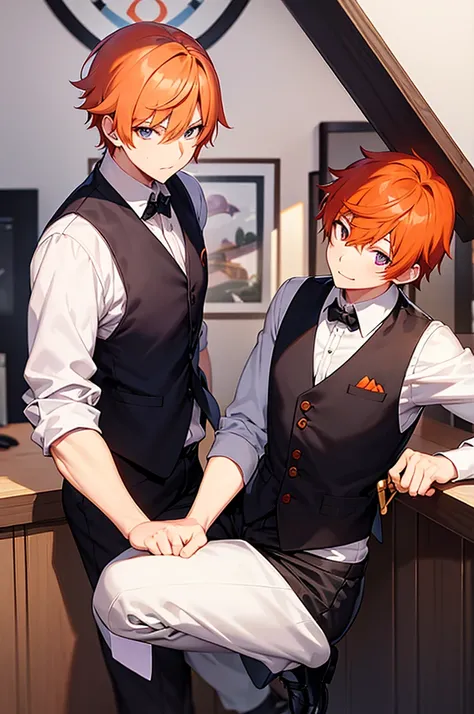 White background、Japan anime illustrations、Adult male、Anime Male、Orange Hair、all back、Black headband、Monocle、Purple Eyes、White shirt、Black vest、Black slacks、Brown leather shoes、bartender