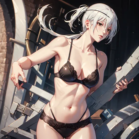 Masterpiece,realistic, 1girl,(MyleneHFV4),white hair, quanxi from chainsaw man, quanxi, brown eyes,ringed eyes, ponytail, ((POV, close shot)), black bra,Bra comes off, nipples, highlight breast, long torso, large breasts, broad shoulders