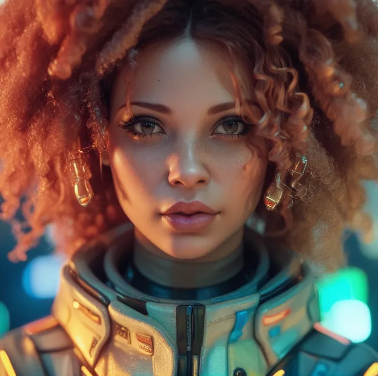 Realistic, 4K, HD, ultra detailed, Portrait of the same mixed skin stunning young woman with afro curly orange brown hair