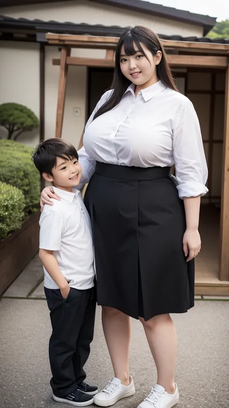 realistic depiction、super obeseのjapanese woman、super obese、super big breasts、Weight 300kg、very fat woman、Fat woman wearing a white collared shirt、black bra、japanese woman、laughter、Tight Skirt、outdoor、a bit、little woman、His height is only 145cm、short legs