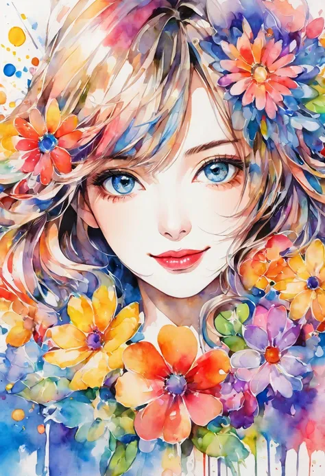 beautiful woman portrait, cute smile, sylvia pelissero watercolors, colorful flowers, beautiful eyes,  upper body, abstract art,...