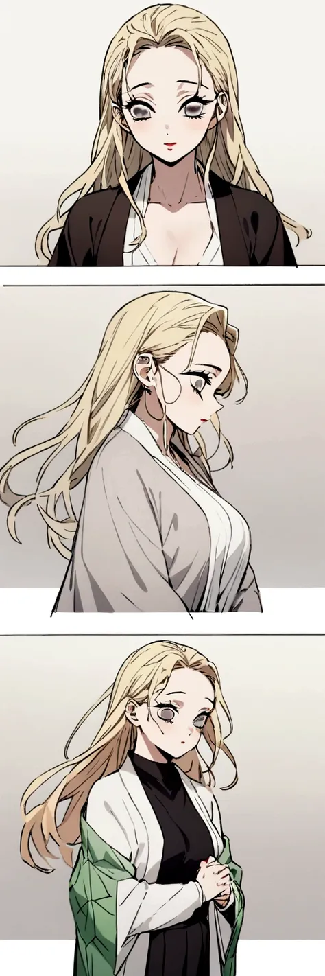 masterpiece, best quality, a girl、light blonde hair、long hair、gray eyes、wearing haori、smiley、kimetsu no yaiba