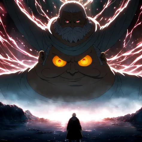 Fat man, big body, shaved hair, thick black beard, vibrant red eyes, cheerful and cool smile, wearing a large gray hooded coat, "One Piece-inspired anime features, drenched in dramatic and amazing lighting, dramatic lighting, infused with creative details,...