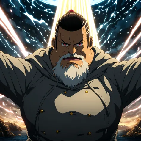 Fat man, big body, shaved hair, thick black beard, vibrant red eyes, cheerful and cool smile, wearing a large gray hooded coat, "One Piece-inspired anime features, drenched in dramatic and amazing lighting, dramatic lighting, infused with creative details,...