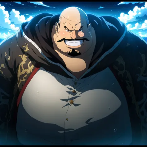 Fat man, big body, shaved hair, thick black beard, vibrant red eyes, cheerful and cool smile, wearing a large gray hooded coat, "One Piece-inspired anime features, drenched in dramatic and amazing lighting, dramatic lighting, infused with creative details,...