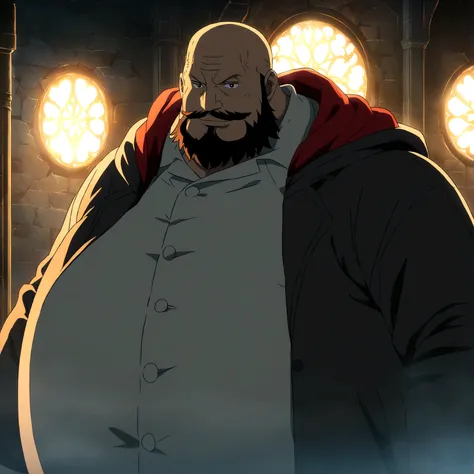 Fat man, big body, shaved hair, thick black beard, vibrant red eyes, cheerful and cool smile, wearing a large gray hooded coat, "One Piece-inspired anime features, drenched in dramatic and amazing lighting, dramatic lighting, infused with creative details,...