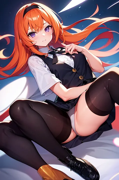 White background、Japan anime illustrations、成人male、アニメのmale、Orange Hair、all back、She has her bangs up、Black headband、Monocle、Purple Eyes、White shirt、Black vest、Black slacks、Brown leather shoeale