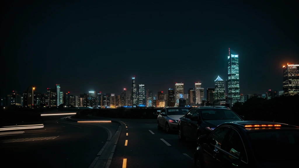 Tall buildings, lights, colors at night, car lights