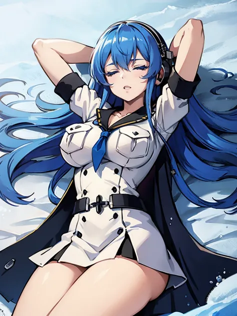 (artwork, best quality) a girl with long blue hair, closed eyes, blue eyelashes, white sailor suit, big breasts, perfect body, beautiful eyes, good waist, tattoo, screaming with joy, arms and legs open, listening to music with a headset, lying in the snow