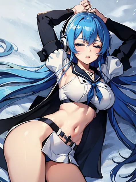 (artwork, best quality) a girl with long blue hair, closed eyes, blue eyelashes, white sailor suit, big breasts, perfect body, beautiful eyes, good waist, tattoo, screaming with joy, arms and legs open, listening to music with a headset, lying in the snow