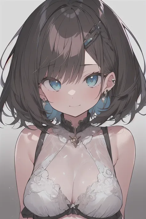 (best quality), (Super detailed), (Best Illustration), (masterpiece), score_9, score_8_up, score_7_up, (8k), (1woman), (black bra:1.2), (large breasts), {brown hair, (sideburns), (bob cut:1.3), curly hair, hairs between eyes, colored inner hair}, {(detaile...