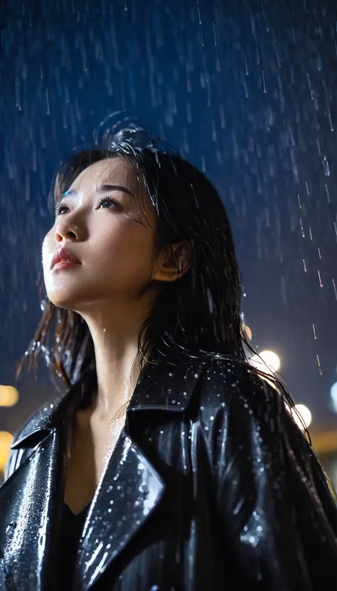 a low angle shot photo of an asian young woman looking at the camera, black coat, night, pouring heavy rain, long raindrops, lon...