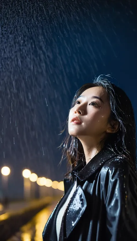 a low angle shot photo of an asian young woman looking at the camera, black coat, night, pouring heavy rain, long raindrops, lon...