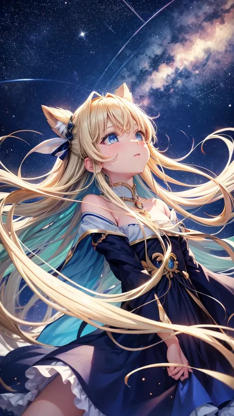 Anime girl, HD, looking up to the sky, falling stars, longing look, long hair, blue golden mixed eyes