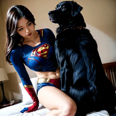 araffe woman in a superman costume sitting on a bed with a dog, full-cosplay, professional cosplay, supergirl, artgerm moody pho...