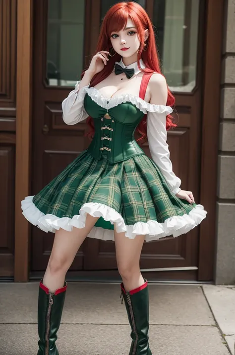 Teenage girl in light green plaid skirt,light green corset,black boots and red hair 