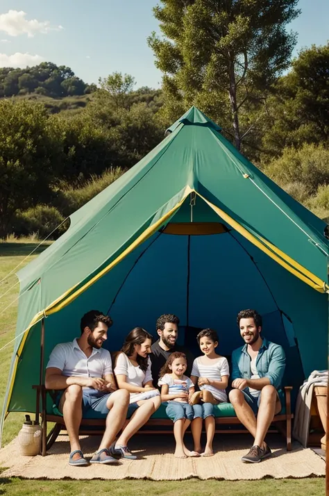 Draw a young family relaxing in a tent outdoors in the style of an entourage