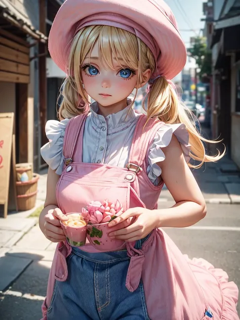 an adult woman, blue eyes, Blonde, hair in two pigtails, pink vests, pink dress with white overalls, a pink hat on her head, in a calm and sweet environment, photography as for social media profile 