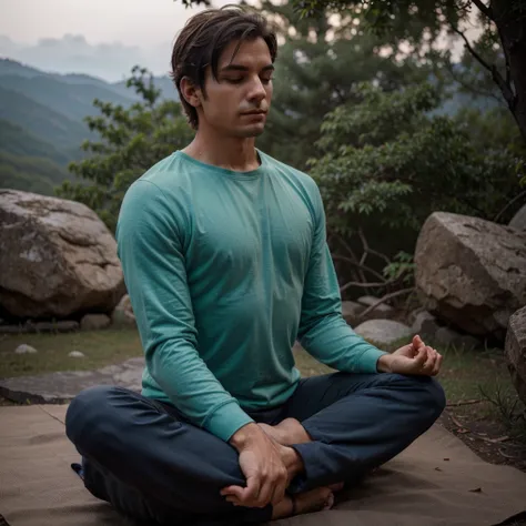 Man with yoga meditation pose doing meditation in a place with low lighting cold colors nature place calm place cold or hot weather sitting do not focus on the person&#39;s face