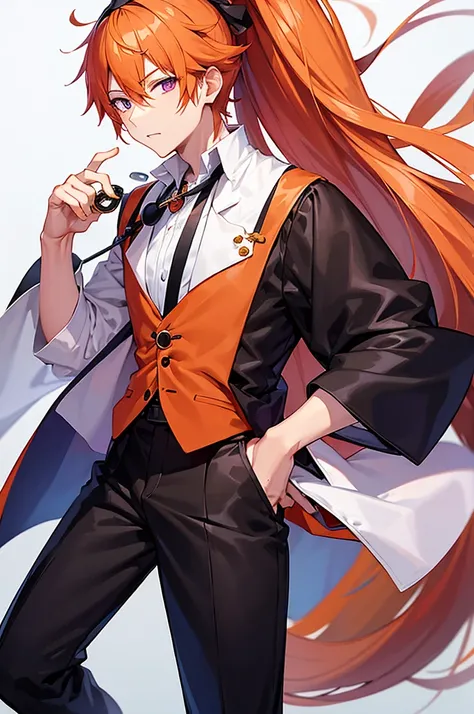 White background、Japan anime illustrations、成人male、アニメのmale、Orange Hair、all back、Black headband、Monocle、Purple Eyes、White shirt、Black vest、Black trousers、Brown leather shoeale、日本のmale、