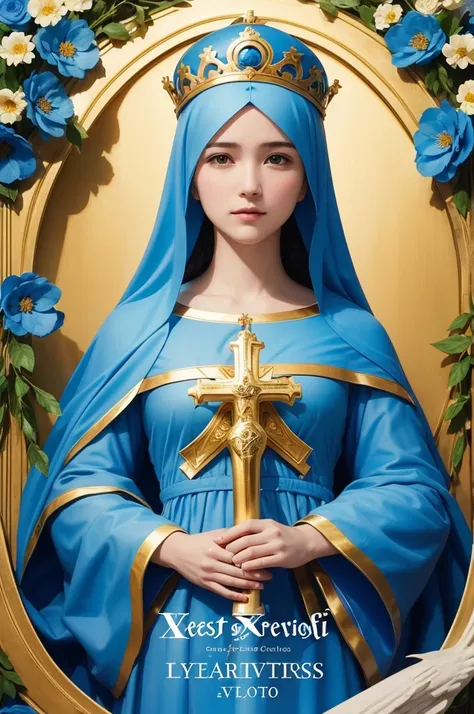 A sky blue logo with an original image of Our Lady of Victories, catholic festival called "XX Feast of the Patron Saint Our Lady of Victories". Wavy blue parchment with vibrant capital letters and shadow adds depth, while a circle of colorful flowers and g...