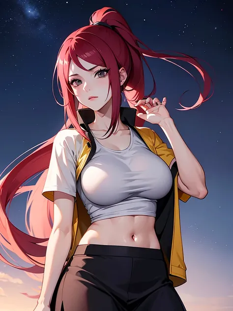 Uzumaki_kushina, big breast, wearing a jacket and white t-shirt and skirt, standing straight,face on camera, night sky,navel, cleavage ,skirt lift by hand ,ponytail,long hair,hand up,hand back