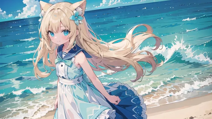 Anime character girl standing on a beach with a clear blue sky and fluffy white clouds overhead. The sea is a vibrant turquoise blue、Gentle waves lapping on the sand. Characters色白で背が低い, With wavy blonde hair、Blue flower accessory on the side. Her eyes are ...