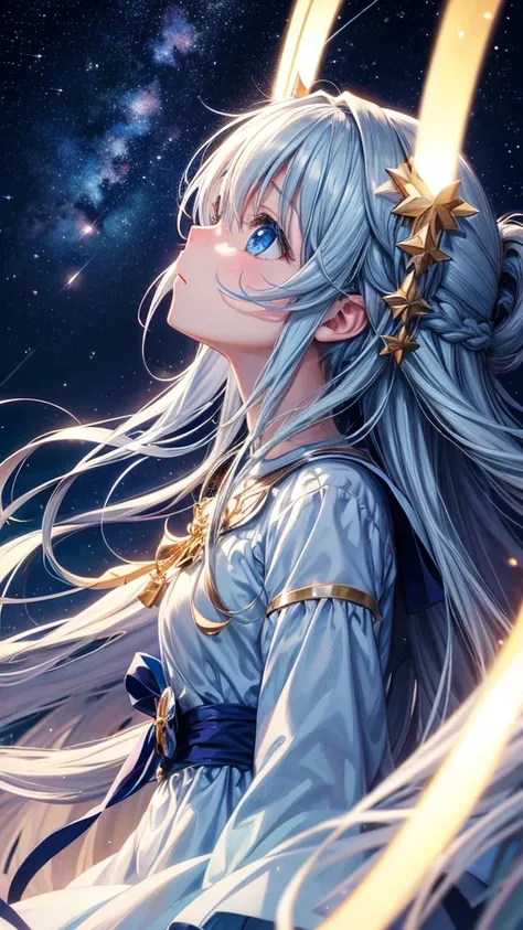 Anime girl, HD, looking up to the sky, is sad, falling stars, longing look, long hair, blue golden mixed eyes