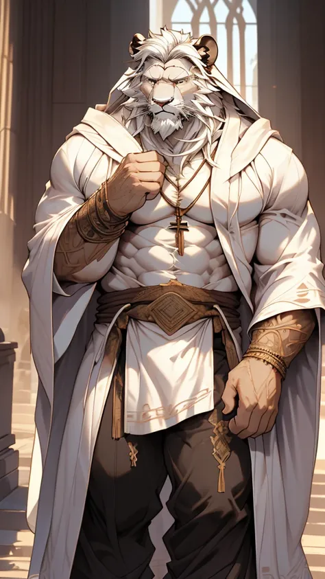 (masterpiece),(highres),(intricate details:1.4),extremely detailed,(illustration:1.2),8k,photorealistic,exquisite,,aged,elder male lion ,muscular,(bishop :1.7),(Ancient Greek mythological style;1.8),(loose white robe:1.6),manhood,safeguard,(white hair:1.3)...