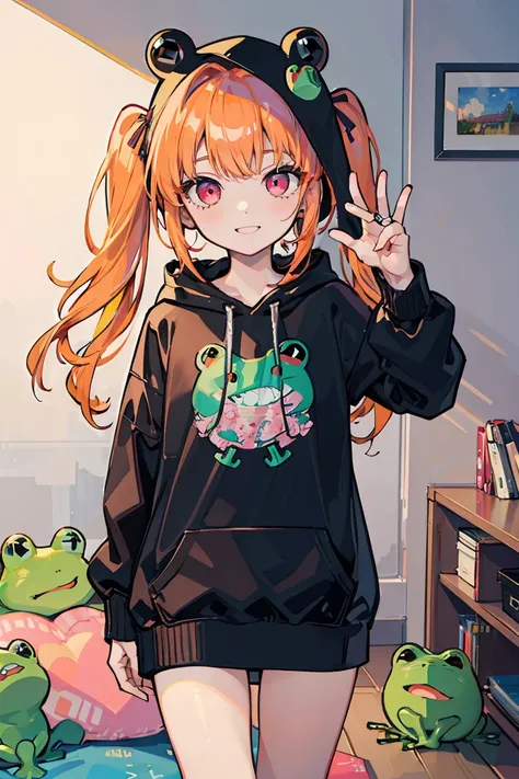 1 Girl, Green frog, Frog Face Hood, Loungewear, Colorful clothes, support, My Room, Selfie, Orange Hair, Long Hair, Twin tails, Bright smile, ribbon, Jump,Pink Eyes, ((Heart Eyes)),stage, Pale background,16 years old, Colorful Hair, Messy Hair, tonality, R...