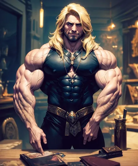 (((Luxurious shoulder length blond hair and sexy smirk.))) (((18 years old.))) (((18yo.))) (((Cute smirk.))) (((Single character image.))) (((1boy))) (((Looks like beefcake male fantasy character.))) Create an enchanting AI-generated image of a charismatic...