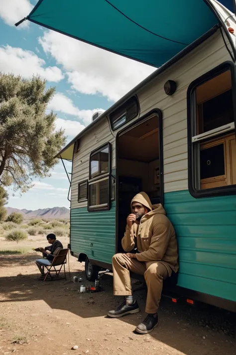 A man with a hood, from the back ,with a caravan next to him sitting in nature.
He smokes and the animals like him