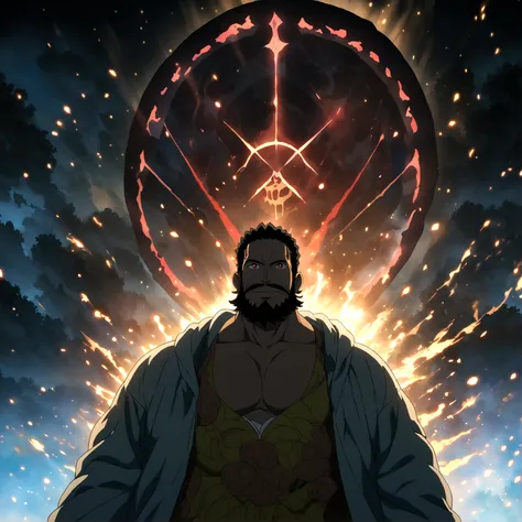 Man, large and robust body, shaved black hair, large black beard, vibrant red eyes, cheerful and cool smile, wearing a large gray hooded coat, "One Piece-inspired anime features, drenched in dramatic and incredible lighting, dramatic lighting, infused with...