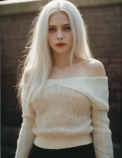 ((Best Quality)), ((Masterpiece)), (detailed), 1 girl (long white hair), off shoulder sweater, big tits (White skin) (gothic) (Vampire) (far angle)(full bdy) far angle. bathed in warm sunlight, analog film photo, kodacromo.