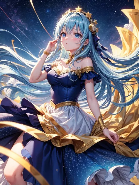 Anime girl, HD, looking up to the sky, is sad, falling stars, longing look, medium length hair, blue golden mixed eyes, wearing ball gown, hand reaching up to the sky